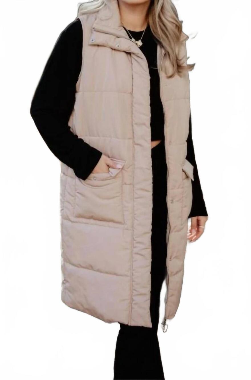 NEW KATYDID women's long quilted puffer vests in tan